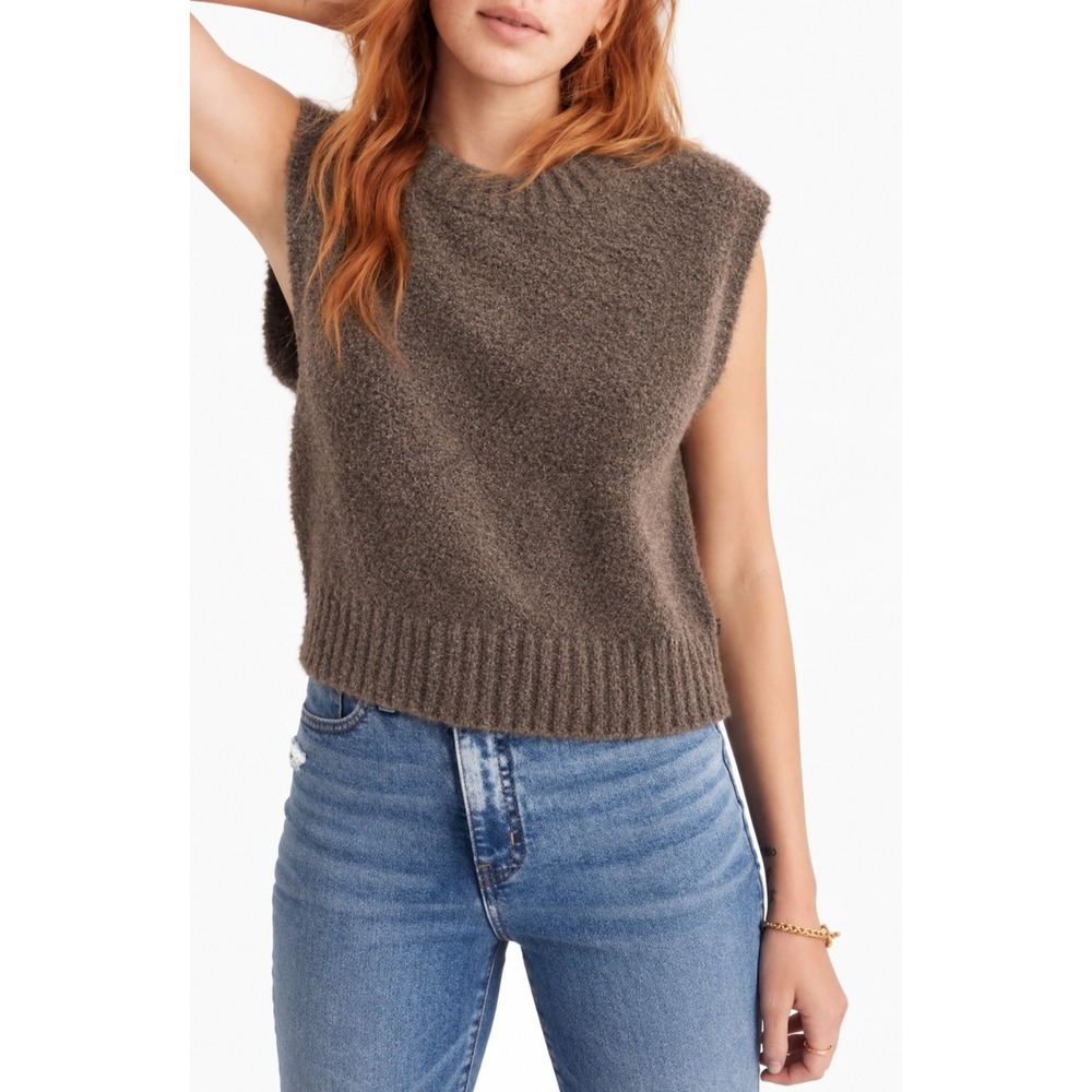 Madewell Womens XS Heather Brownstone Boucle Cropped Sweater Vest NWT